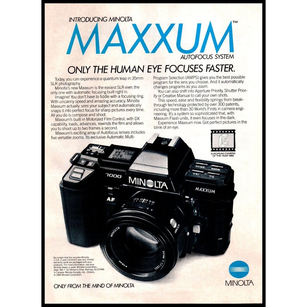 1985 Minolta Maxxum SLR Camera Vintage Print Ad Film Photography Wall Art Photo
